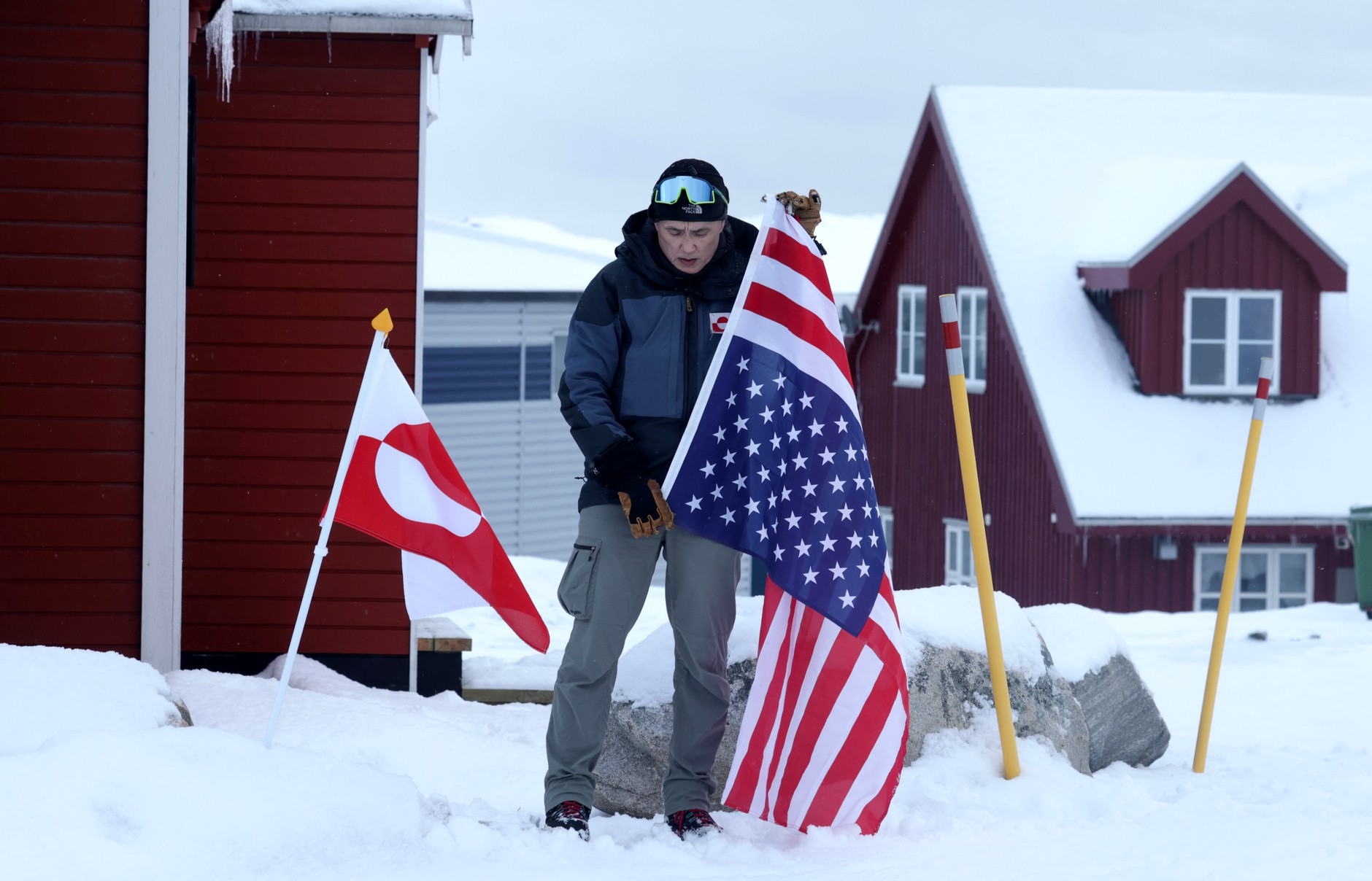 A Greenlander in front of the American consulate in protest against "threat of annexation by the US”, Nuuk, March 14, 2025 