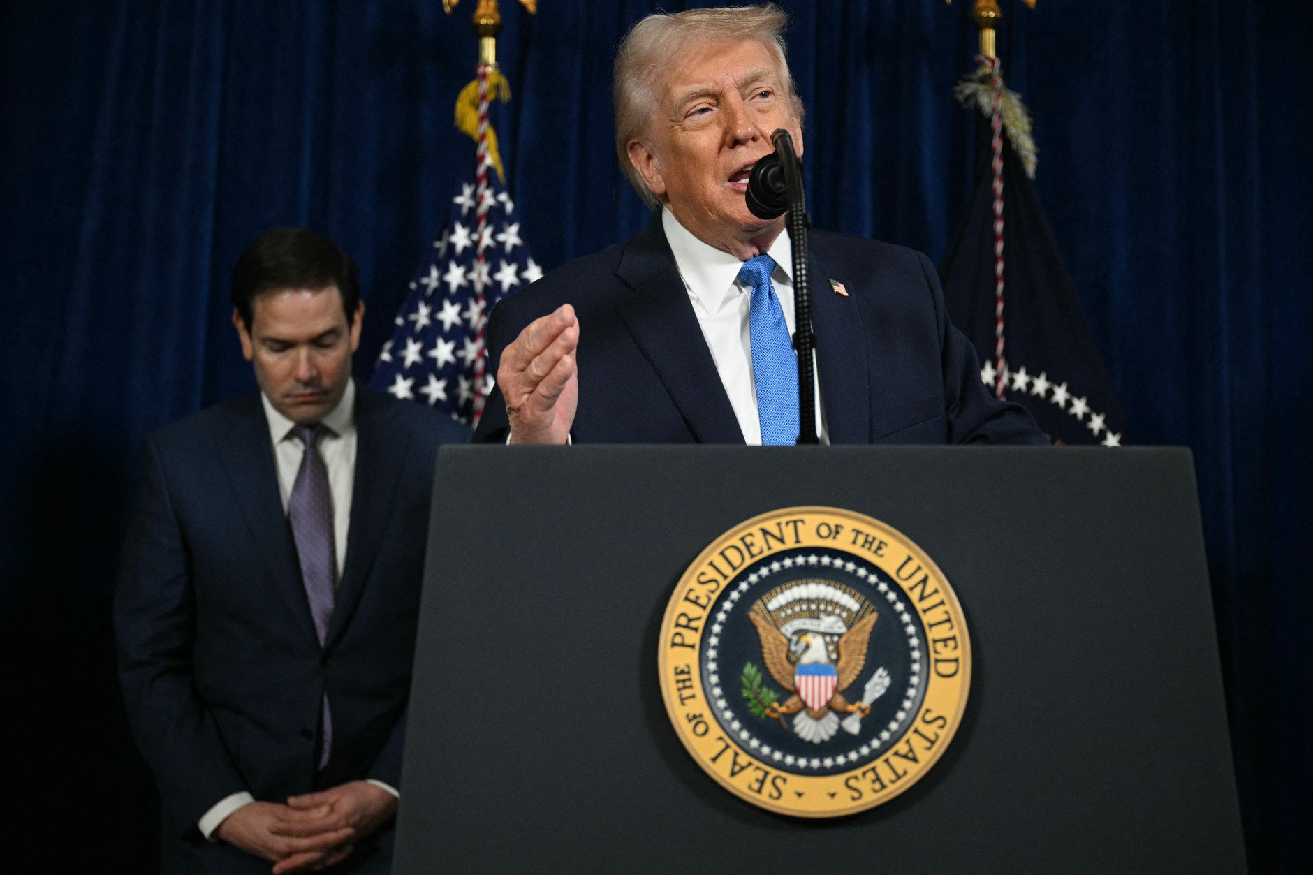 US President Donald Trump during a press conference at Mar-a-Lago in Palm Beach, Florida, January 3, 2026.