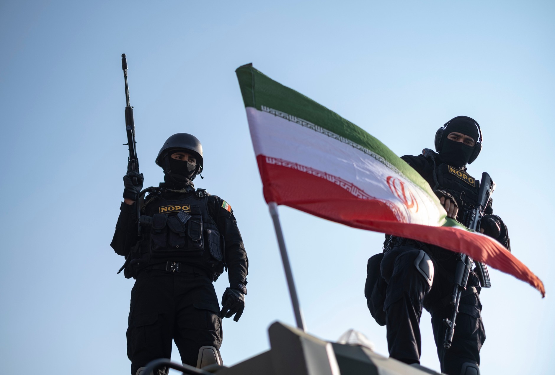 Two armed members of Iran's special police forces during a rally in support of the government in downtown Tehran, Iran, on January 12, 2026.