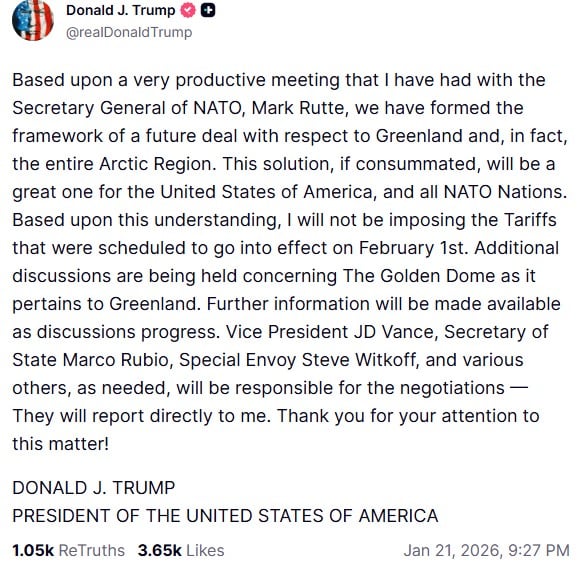 Trump will not impose tariffs on NATO countries. He and Rutte formed the basis of the agreement on Greenland photo 1