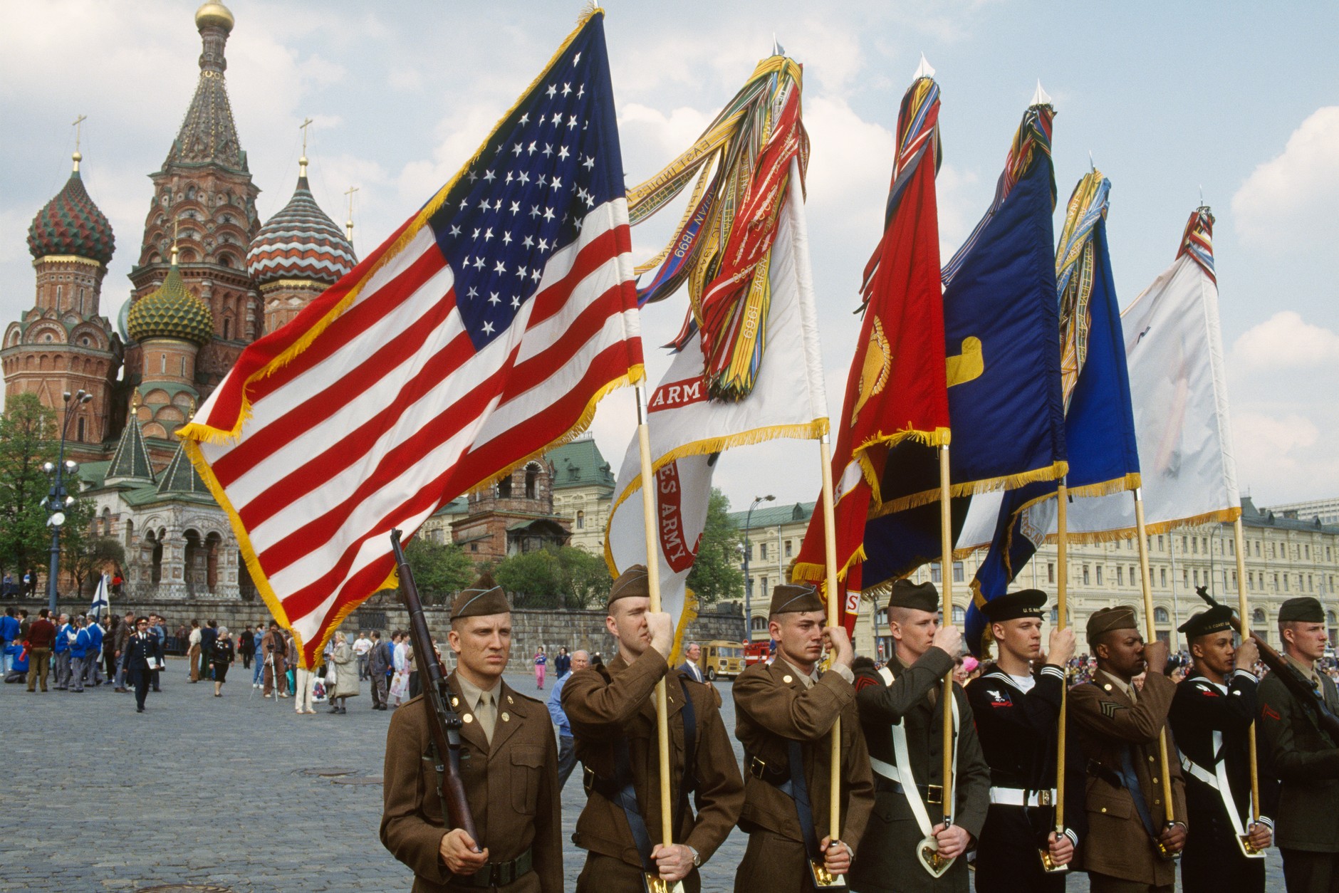 American soldiers parading on Red Square during the celebration of the end of World War II (stock photo)