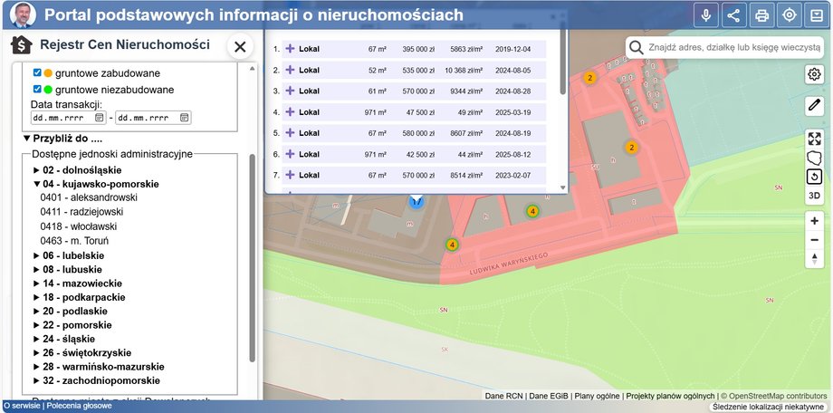 Mojgeoportal.pl - you can indicate the area and select individual premises/plots to check transaction prices
