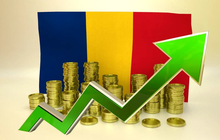 Green arrow going up, in front of several slips of coins and the flag of Romania