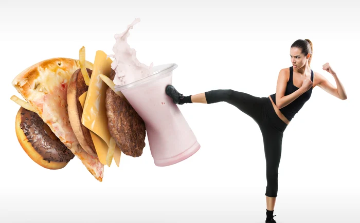 woman kicking fast food