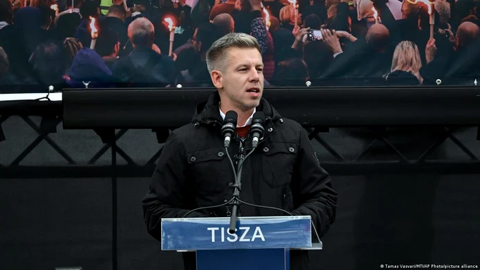 Hungary's opposition leader Peter Magyar speaks at a rally of his Tisza party