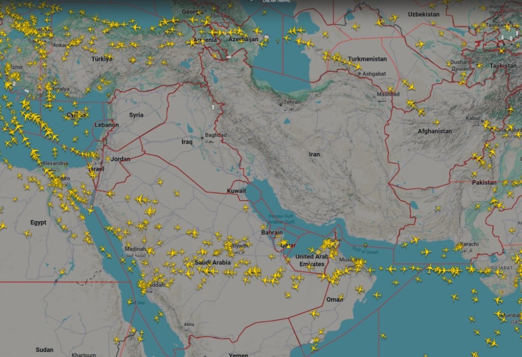 Airspace over Iran and Iraq Saturday morning Photo: Flight Radar / X.com