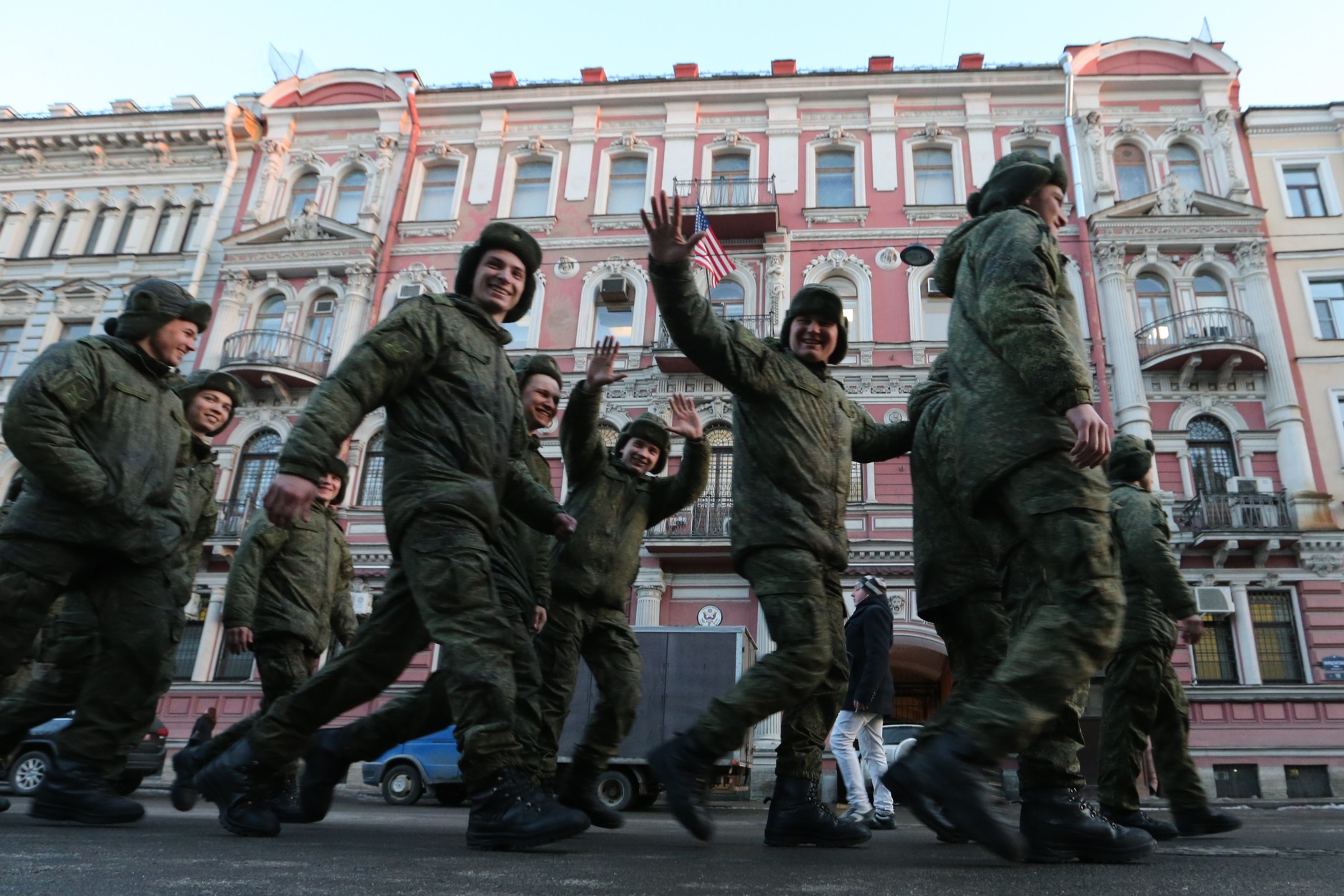 Russian soldiers marching in front of the United States Consulate General, Saint Petersburg, Russia (stock photo)