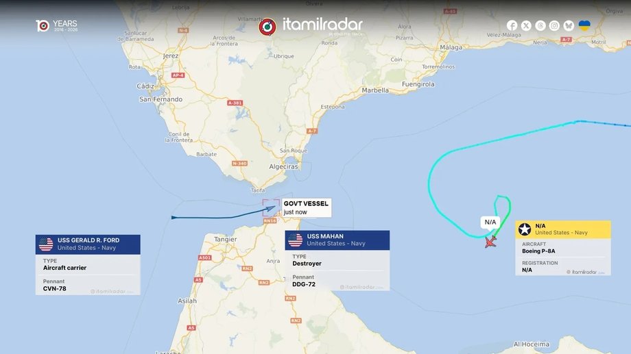 USS Gerald R Ford enters the Mediterranean Sea via Gibraltar - February 20, 2026