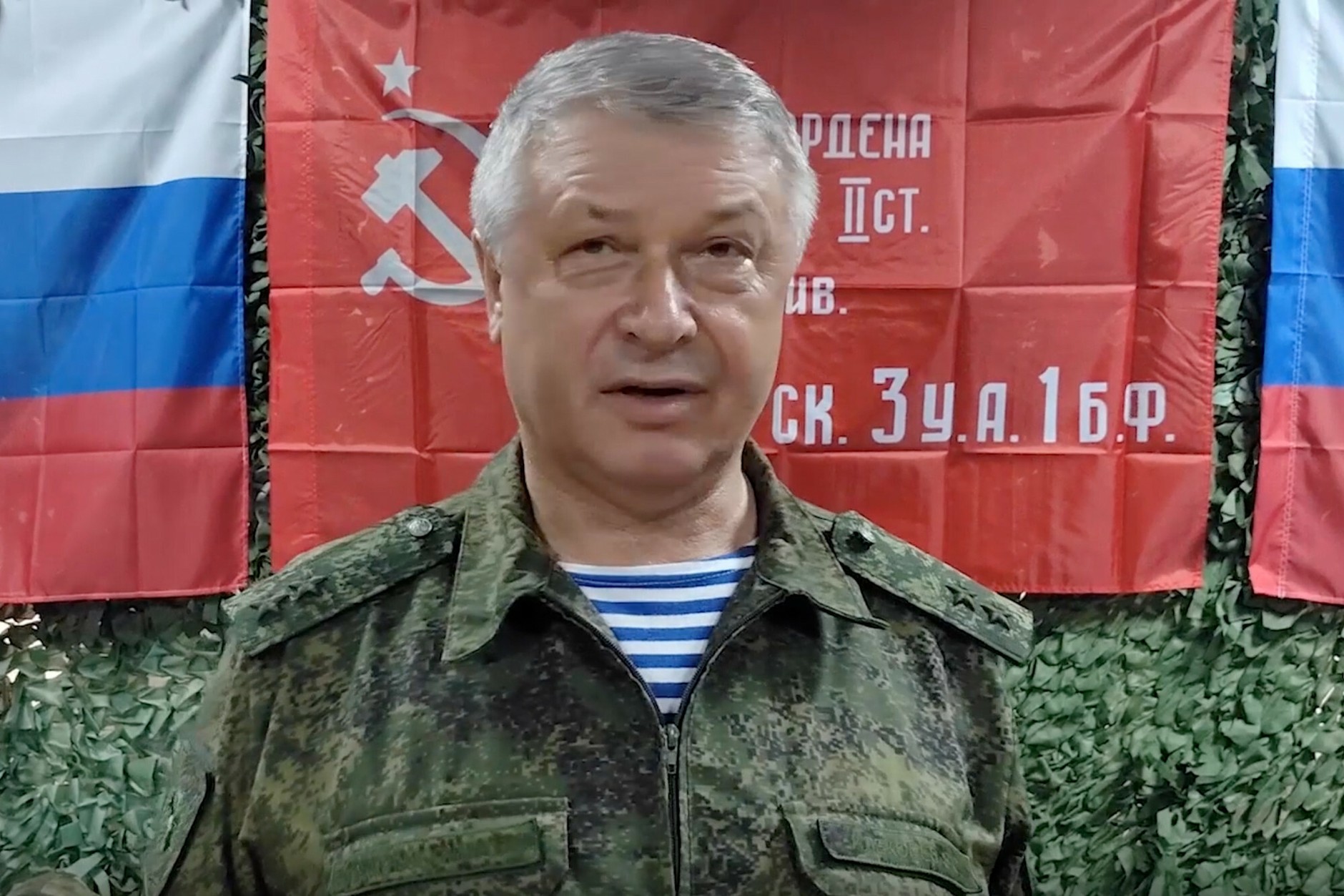 In this photo from a video released by the press service of the Russian Ministry of Defense on June 23, 2023, Lieutenant General Vladimir Alexeyev addresses soldiers at an undisclosed location