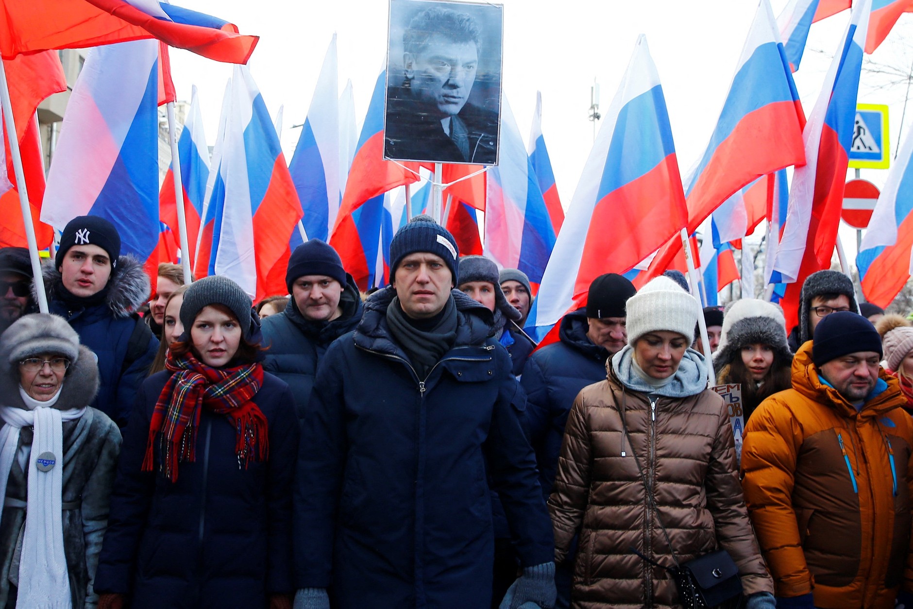 Alexei Navalny with his wife Yulia during the march commemorating Boris Nemtsov in Moscow, 2018.