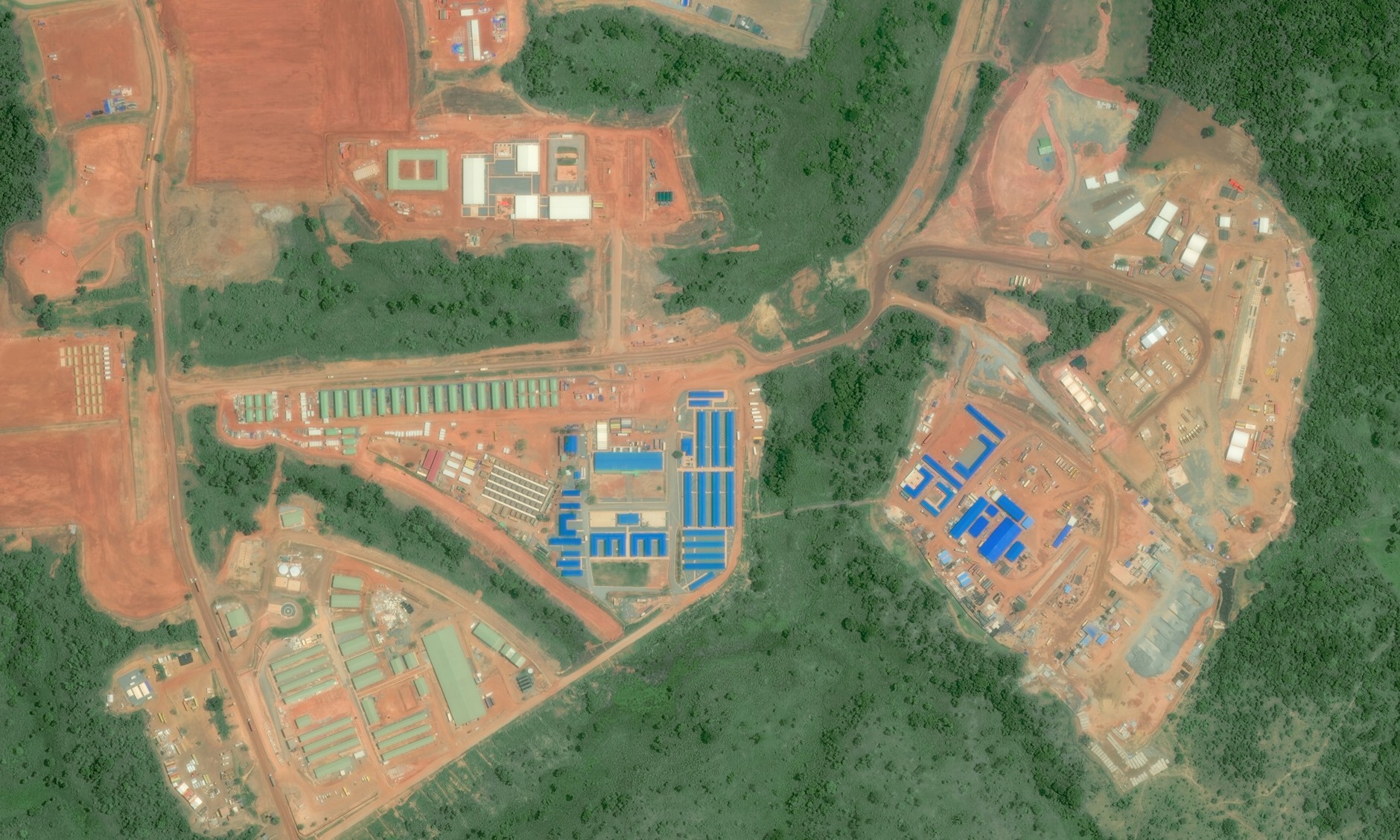 A close-up of a Maxar satellite image shows developments associated with units 1 and 2 of the Simandou iron ore project in southeastern Guinea.