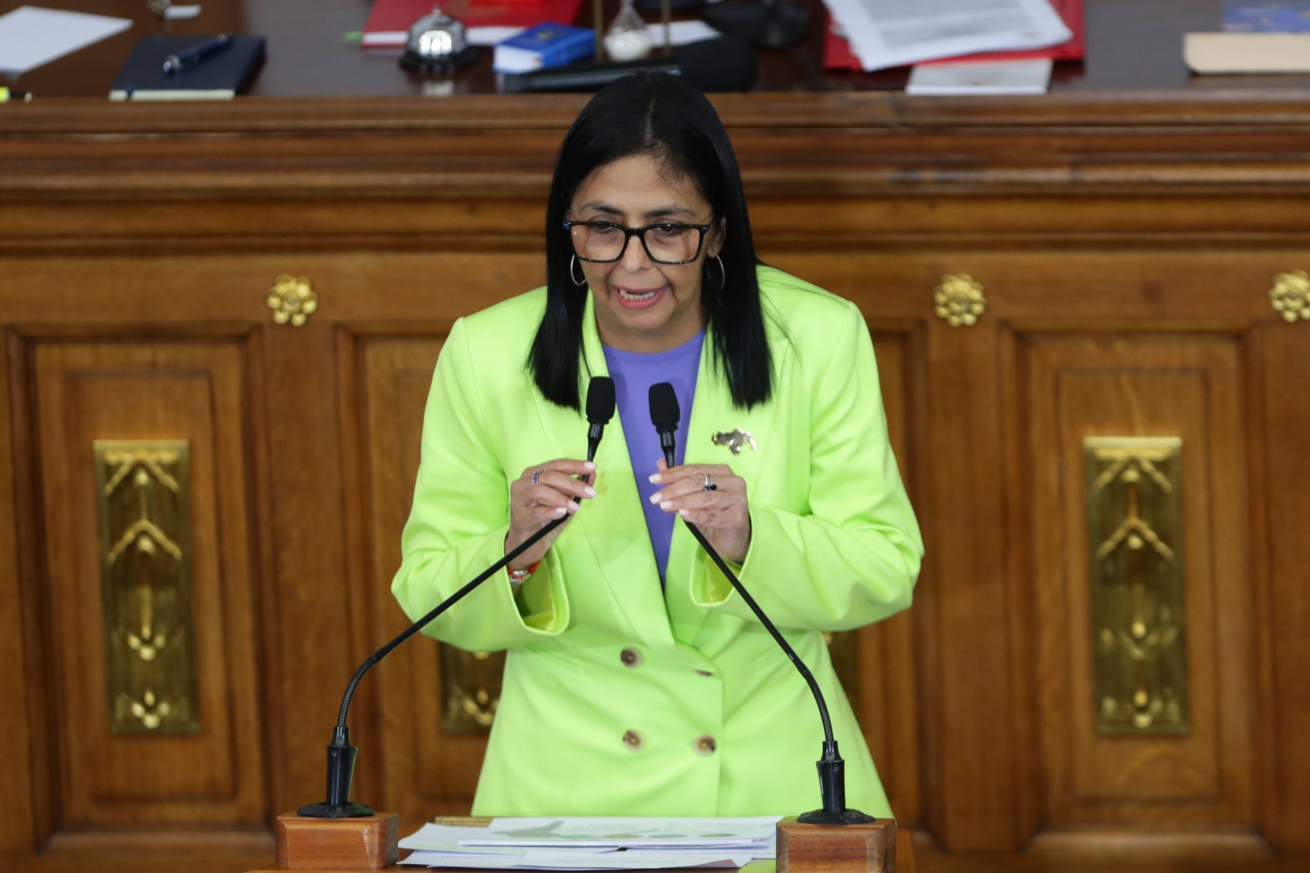 Delcy Rodriguez, p.o. prezydenta Wenezueli, przemawia w parlamencie. Caracas, 15 stycznia 2026 r.