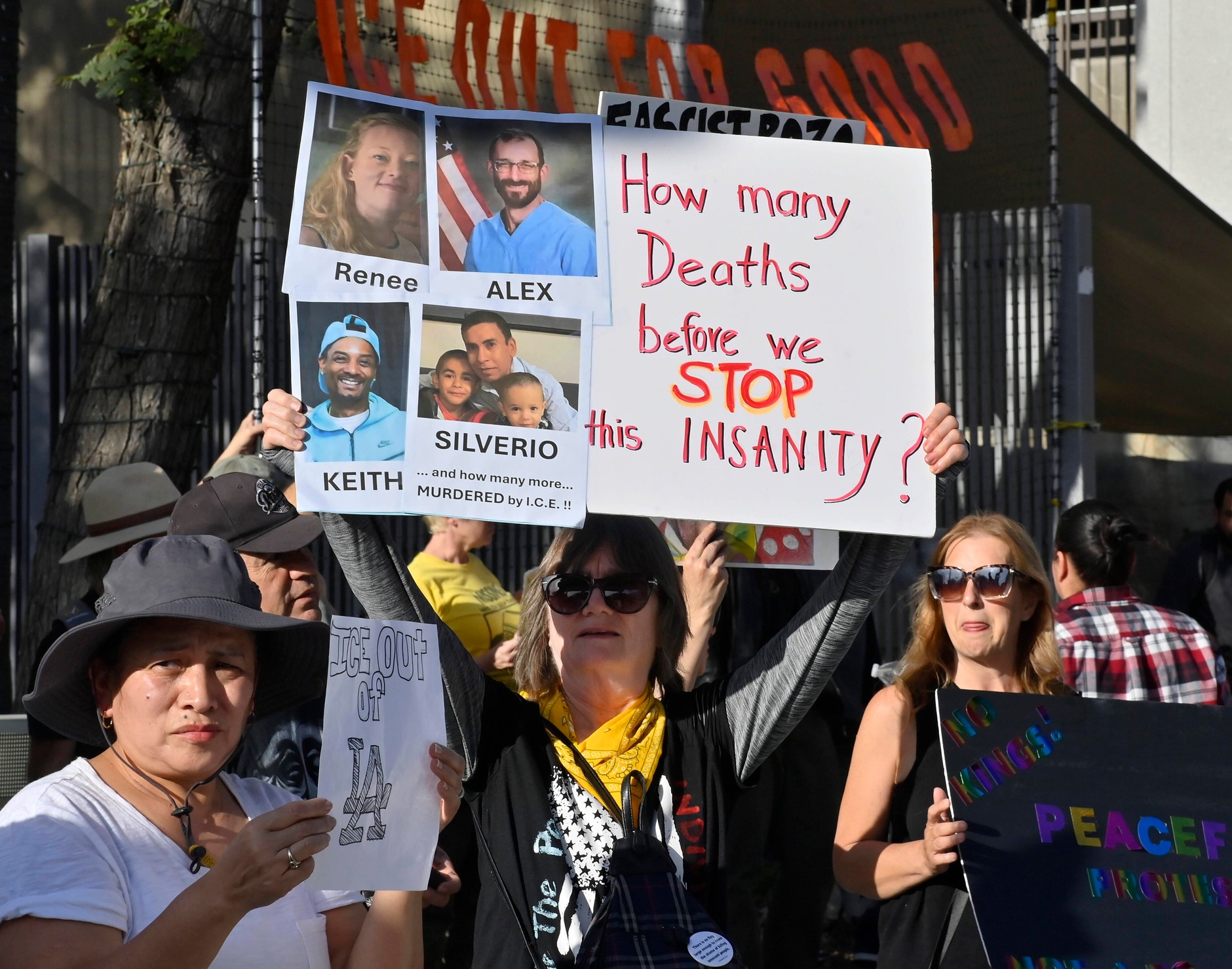"How many more deaths before we stop this madness?". Protest against ICE actions. Los Angeles, January 31, 2026