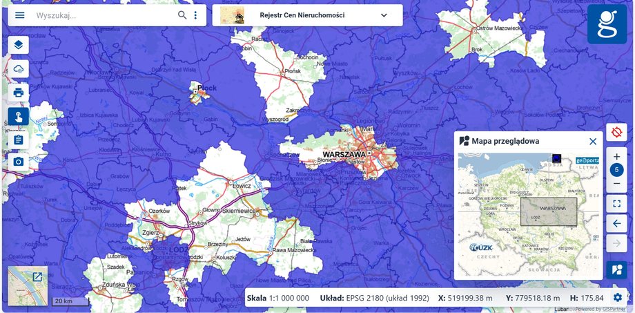 Register of Real Estate Prices on the website mapa.geoportal.gov.pl, visible "white spots"