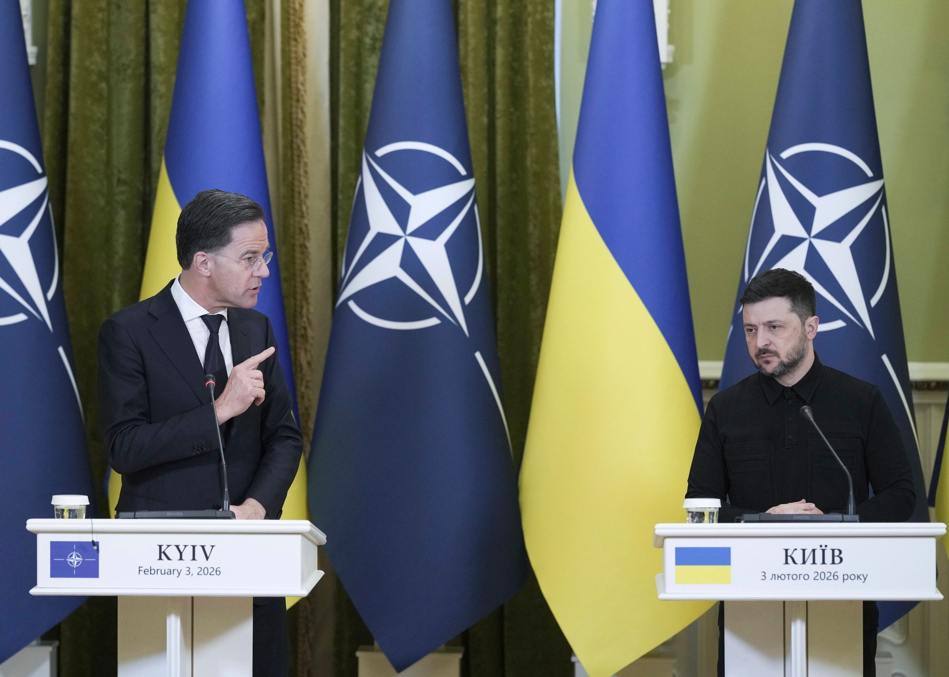 NATO Secretary General Mark Rutte and Ukrainian President Volodymyr Zelensky during a press conference in Kiev, February 3, 2026.