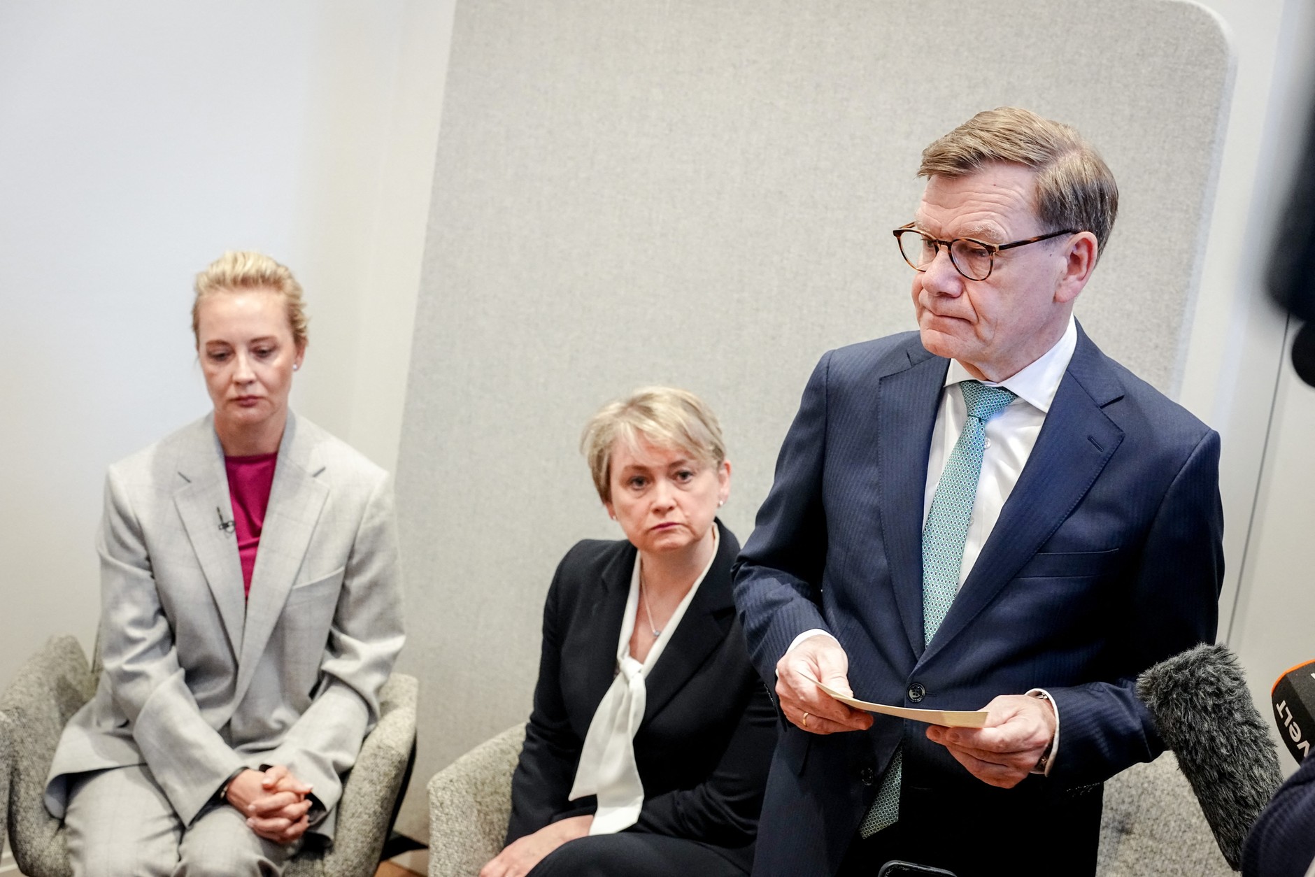 Yulia Navalna, UK Foreign Secretary Yvette Cooper and German Foreign Minister Johann Wadephul issue a press statement regarding the circumstances of Alexei Navalny's death on the sidelines of the 62nd Munich Security Conference, February 14, 2026.
