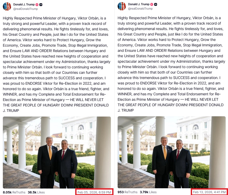 Identical entries by Donald Trump from February 5 and 13