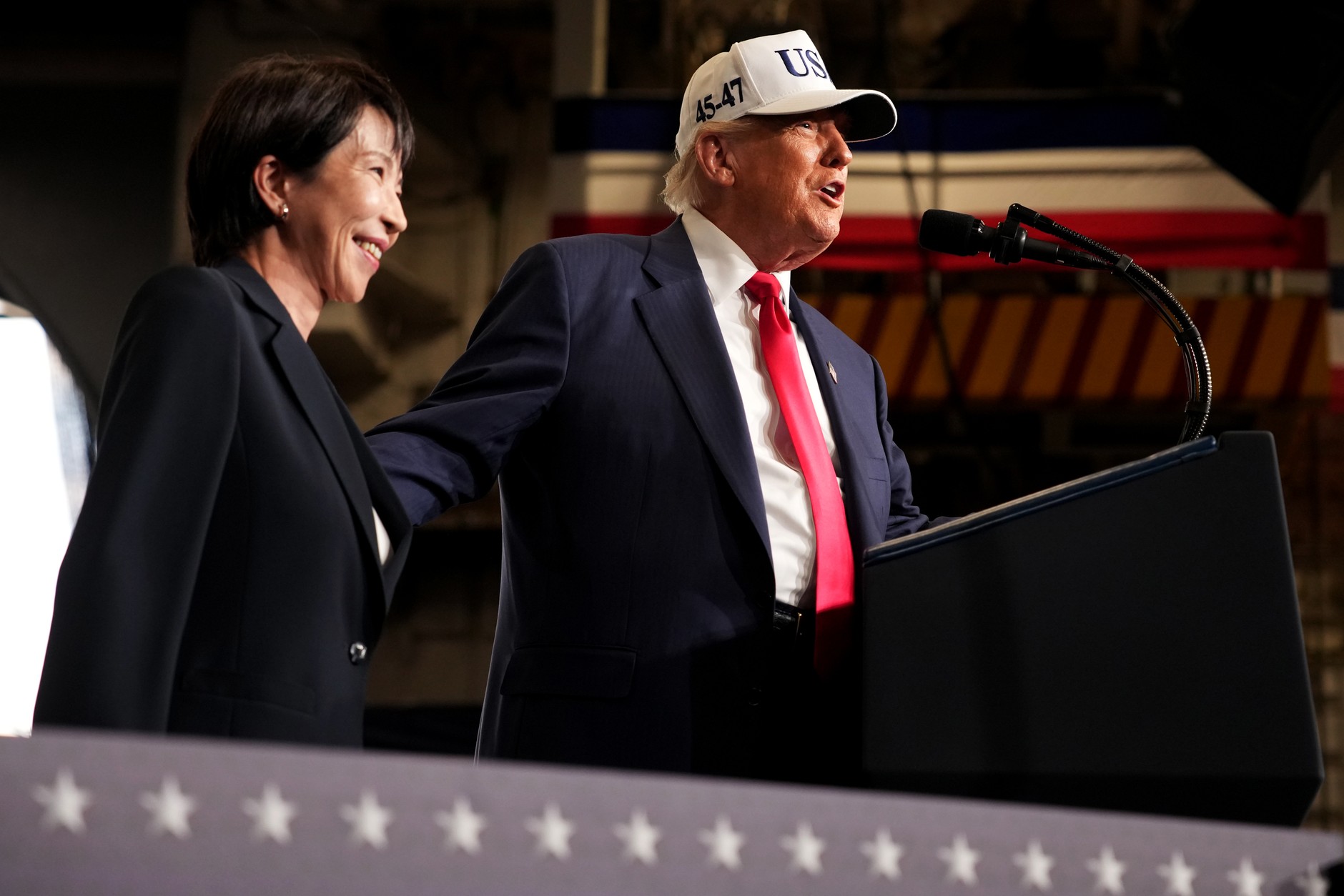 Japanese Prime Minister Sanae Takaichi and U.S. President Donald Trump at the Fleet Activities Base in Yokosuka, Japan, October 28, 2025.