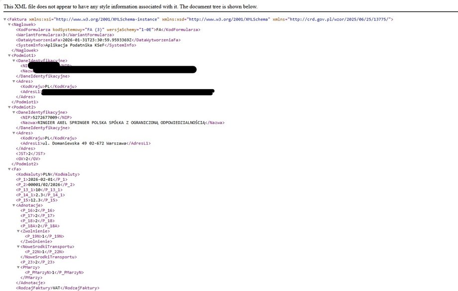 E-invoice in xml format