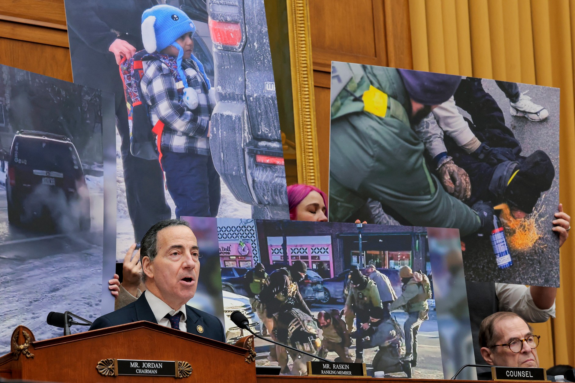 Jamie Raskin speaks during a hearing using visuals of various scenes involving ICE in Minnesota, Washington, U.S., February 4, 2026.