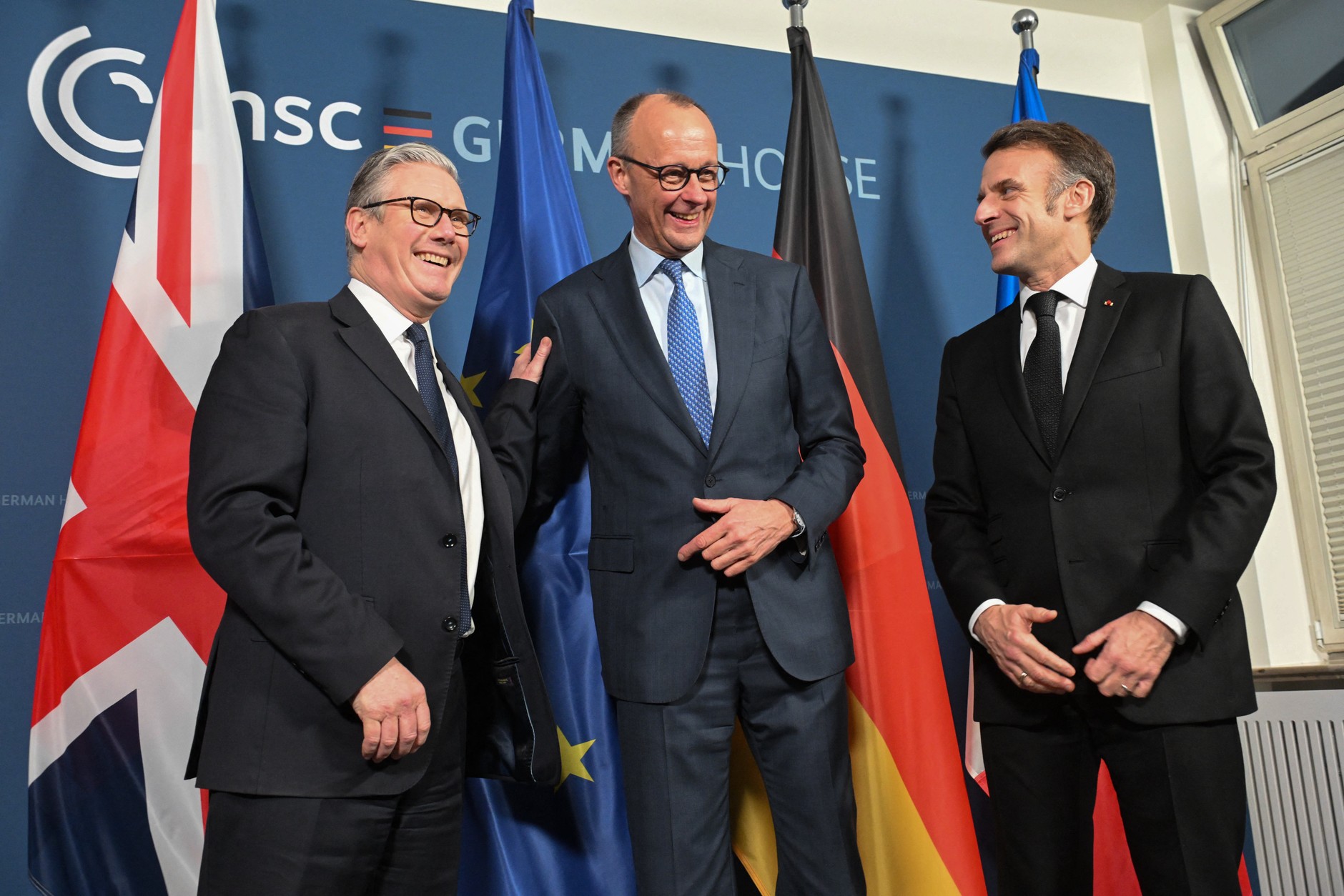 British Prime Minister Keir Starmer, German Chancellor Friedrich Merz and French President Emmanuel Macron during the Munich Security Conference, February 13, 2026.