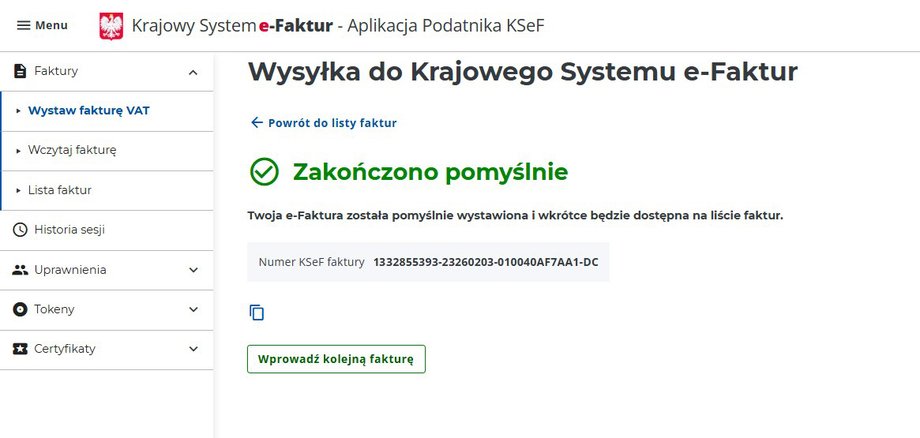 The invoice at KSeF has been issued