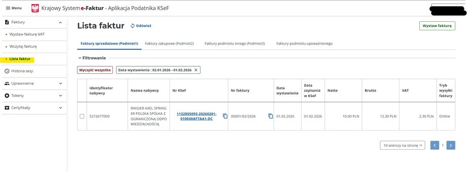 The first e-invoice on the invoice list