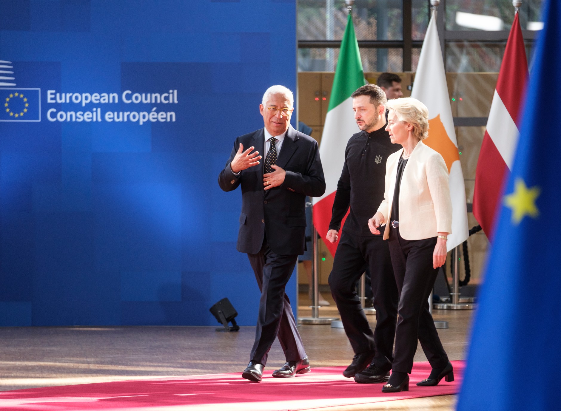 President of the European Council Antonio Costa, President of Ukraine Volodymyr Zelensky and President of the European Commission Ursula von der Leyen in Brussels, March 6, 2025.