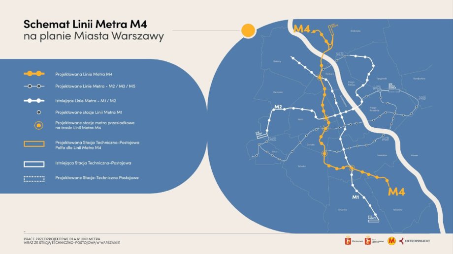 The fourth metro line in Warsaw on the map.