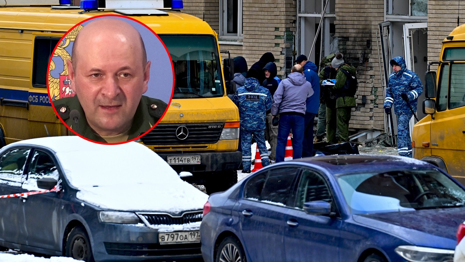 View of the scene of the incident. Lt. Gen. Igor Kirillov, head of the Russian radiological, chemical and biological protection forces, and his assistant died in an explosion in Moscow, December 17, 2024. In a smaller photo, Gen. Igor Kirillov
