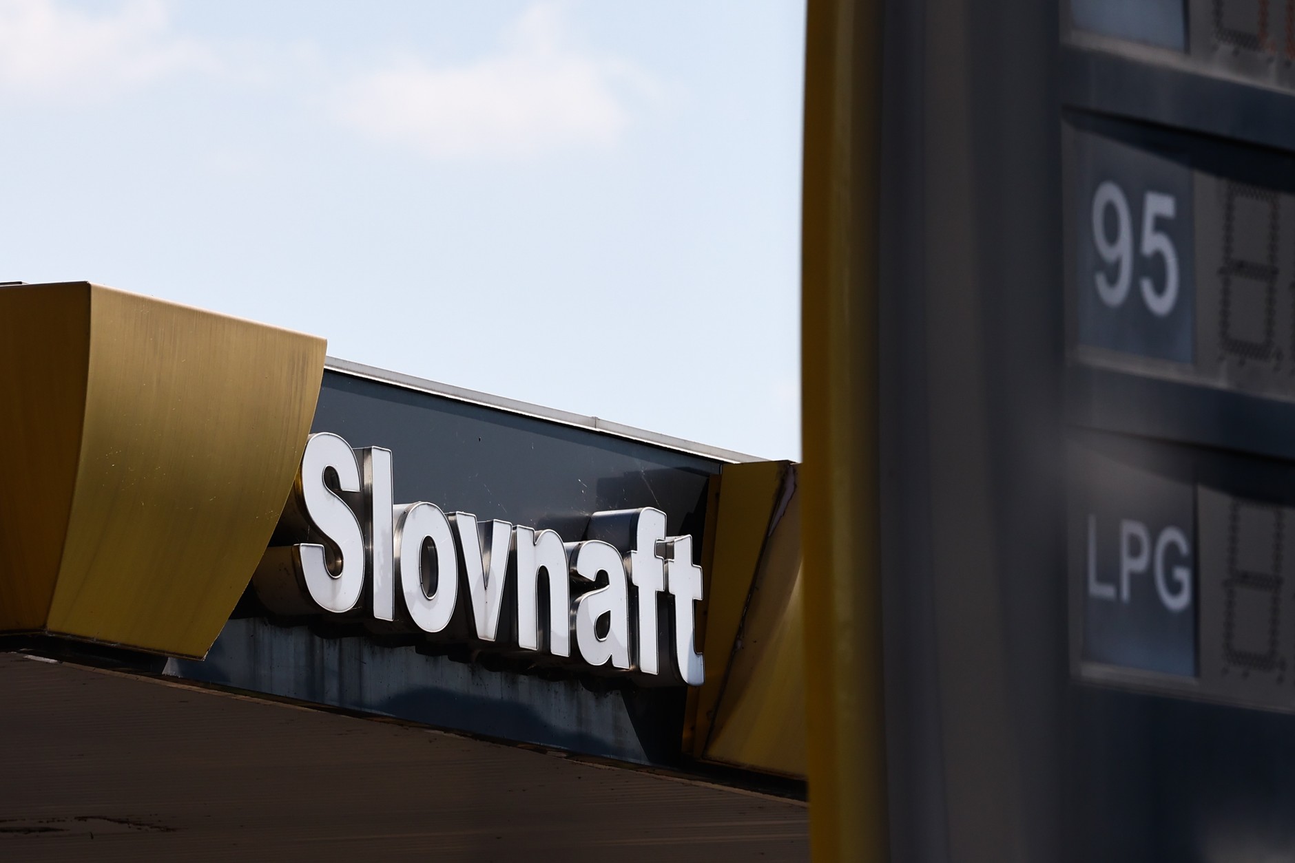 Slovnaft logo visible at a gas station in Krupin, Slovakia (illustrative photo)