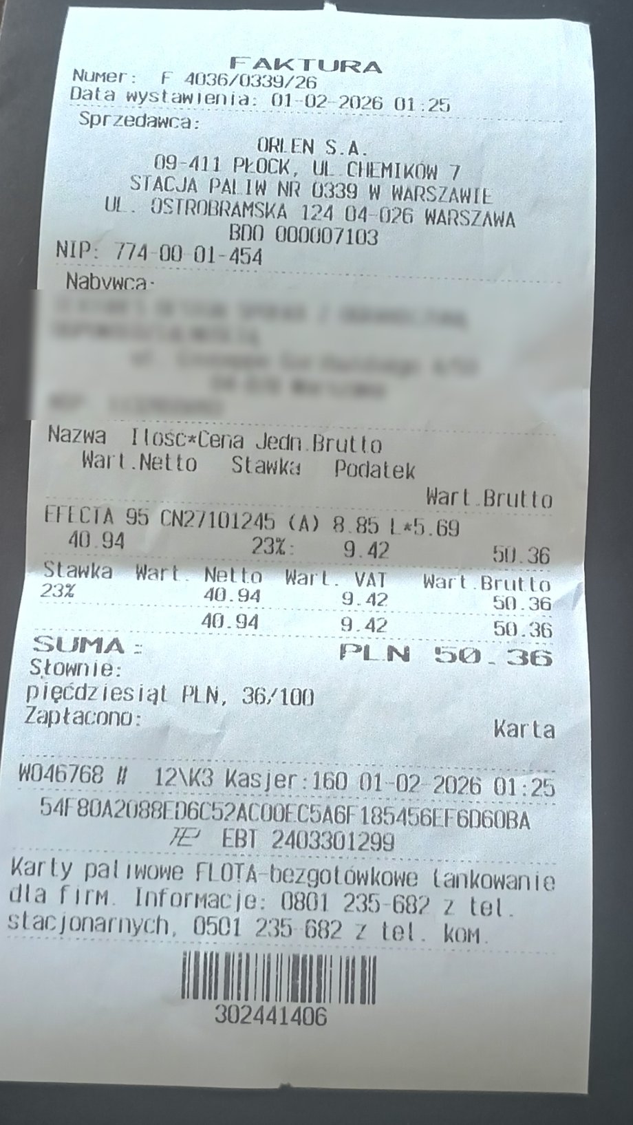 Invoice from the cash register