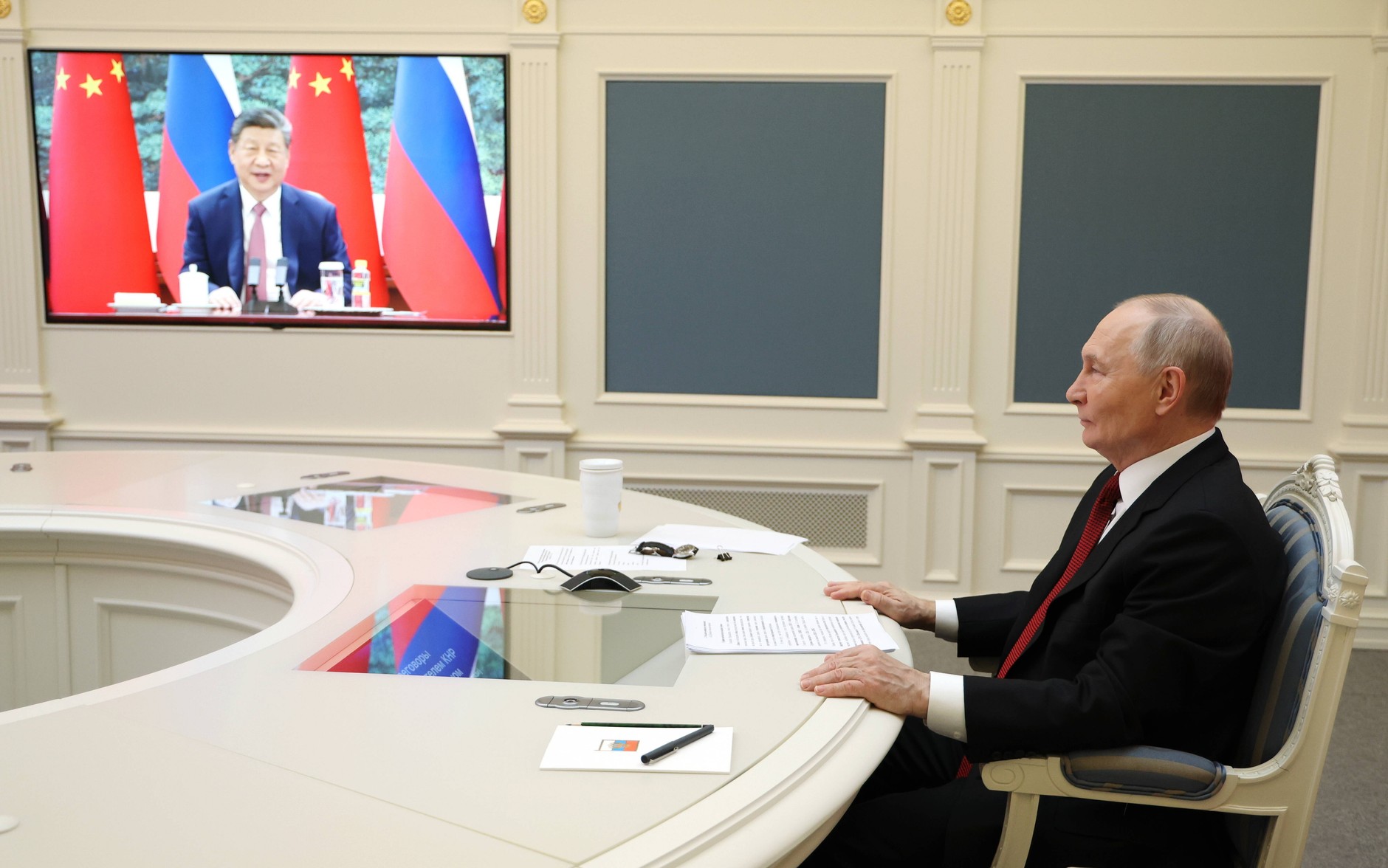 Russian President Vladimir Putin during a meeting with Chinese leader Xi Jinping via video conference, Kremlin, Moscow, Russia, February 4, 2026.