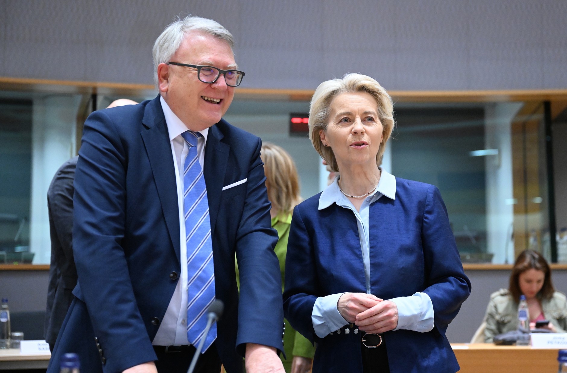 European Commission President Ursula von der Leyen (right) and then-EU Commissioner Nicolas Schmit (left) in Brussels, Belgium, March 20, 2024.