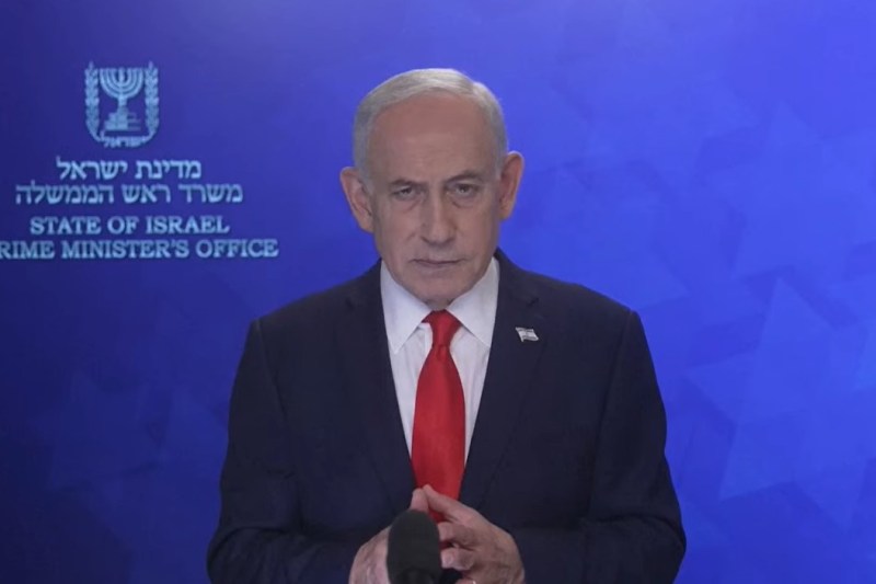 Israeli Prime Minister Benjamin Netanyahu delivers a speech after the US-Israeli attack on Iran