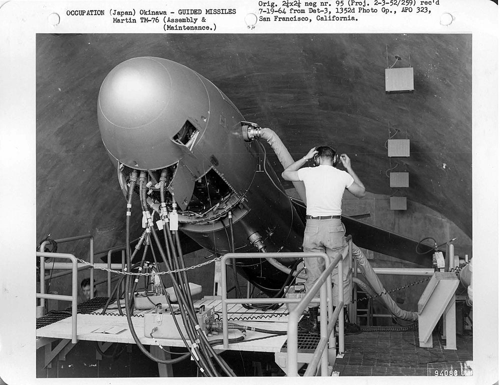 The photo shows American technicians working on the American Mace-B missile in Okinawa