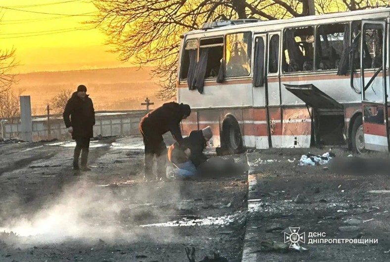 Russian attack on a bus carrying Ukrainian miners.