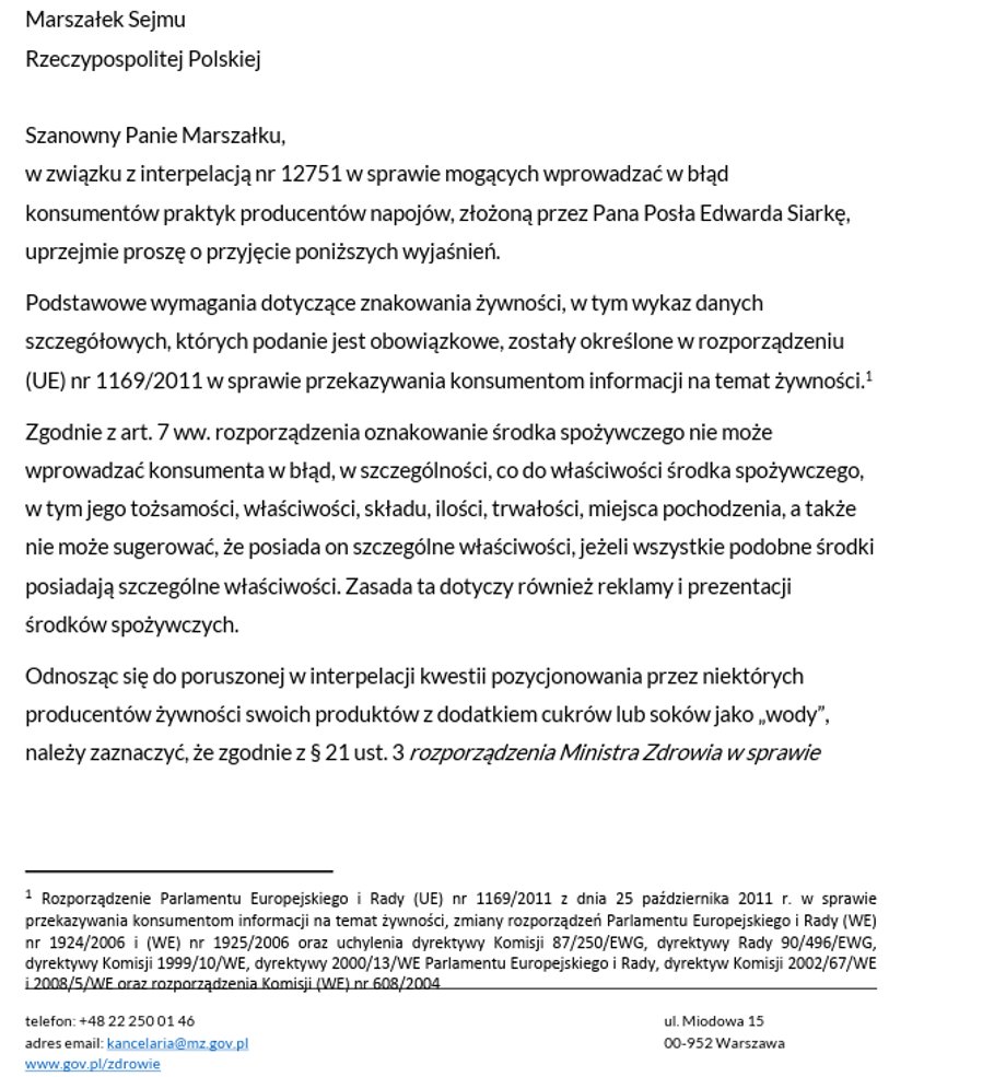 Response of the Ministry of Health to the parliamentary question