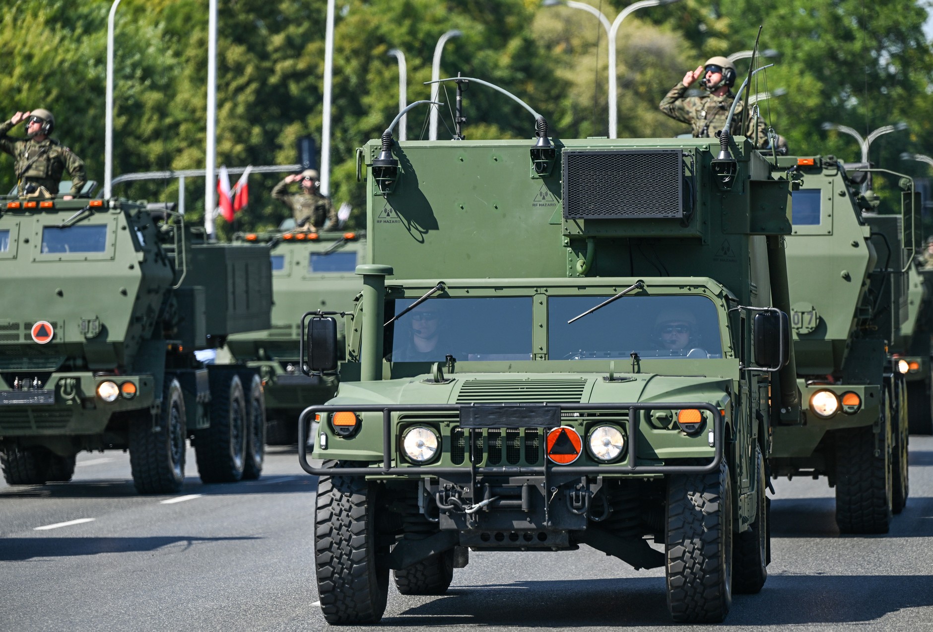 Humvee off-road vehicle carrying M142 HIMARS missile launchers, Warsaw, August 15, 2025.