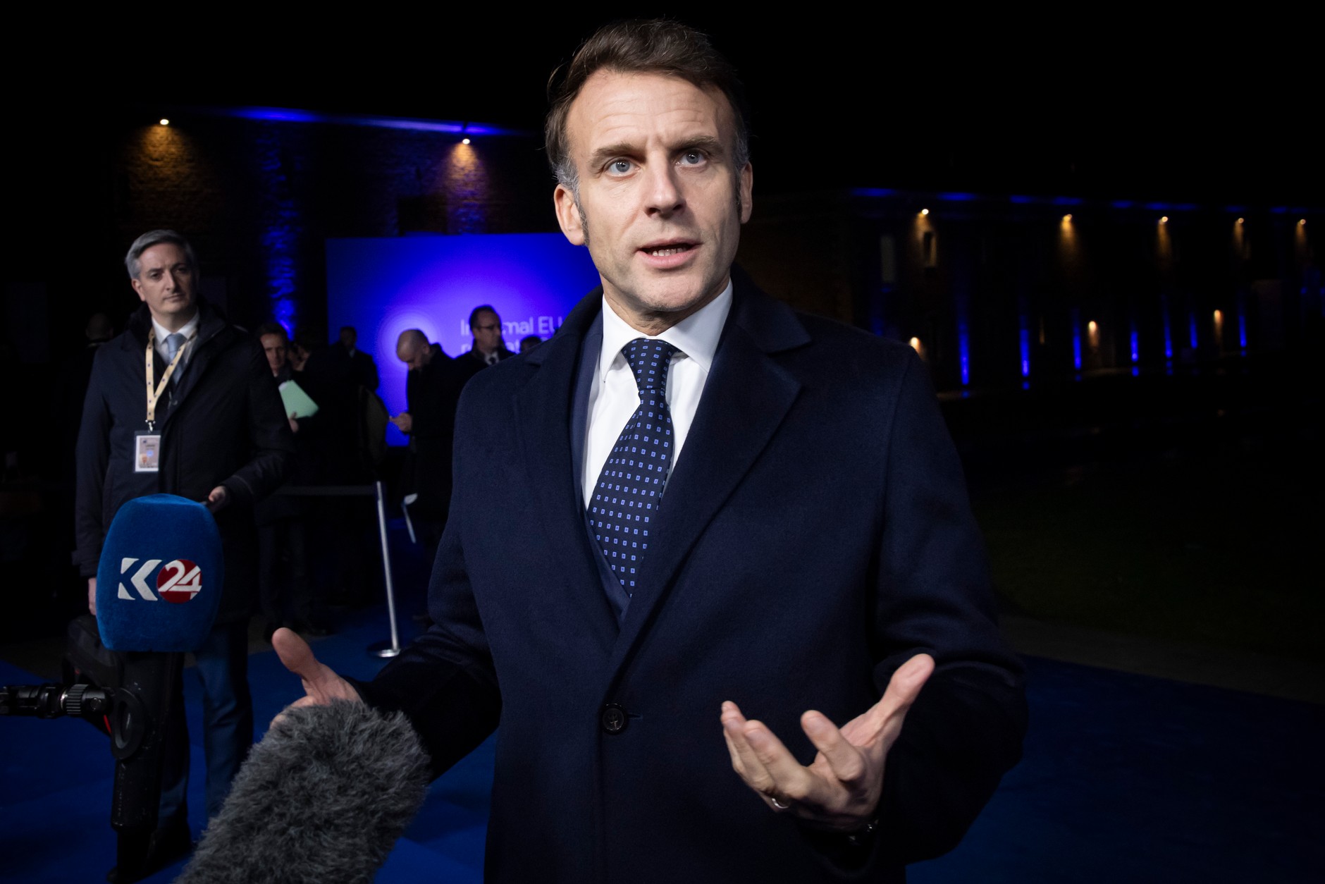 French President Emmanuel Macron speaks to the media during a briefing after the informal summit of EU leaders at Alden Biesen Castle, Belgium, February 12, 2026. 