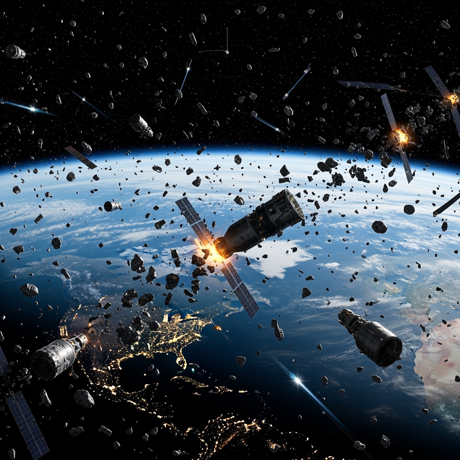 A visualization showing the Earth seen from orbit at the moment of a cosmic catastrophe: a graphic reconstruction of the so-called Kessler syndrome (stock photo)