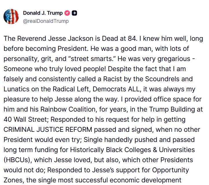Donald Trump spoke out after the death of Jesse Jackson