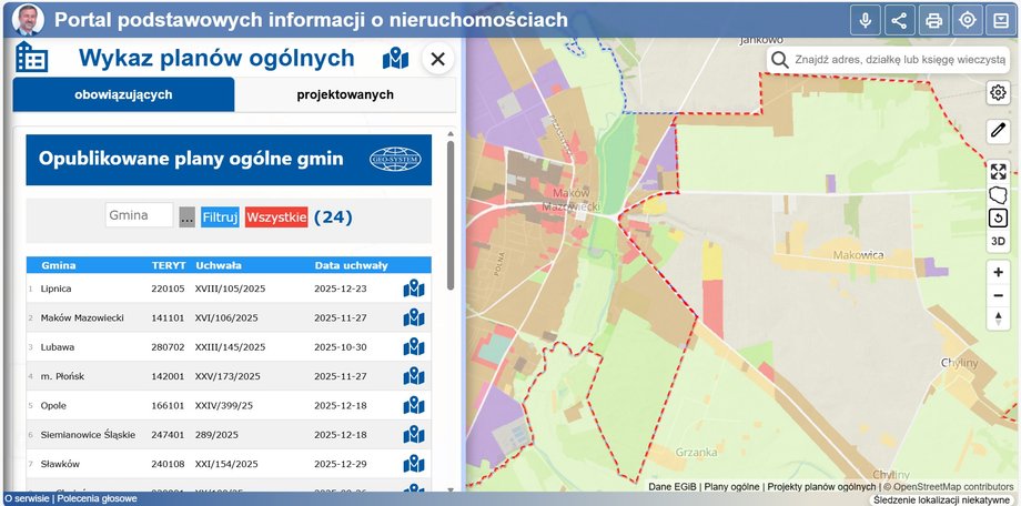 Mojgeoportal.pl also gives you the opportunity to view general plans of municipalities