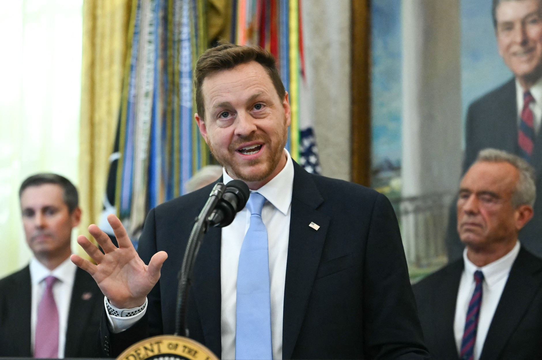 Chris Klomp, deputy administrator of the Centers for Medicare and Medicaid Services, speaks in the Oval Office during an event on weight loss drugs at the White House in Washington, November 6, 2025.