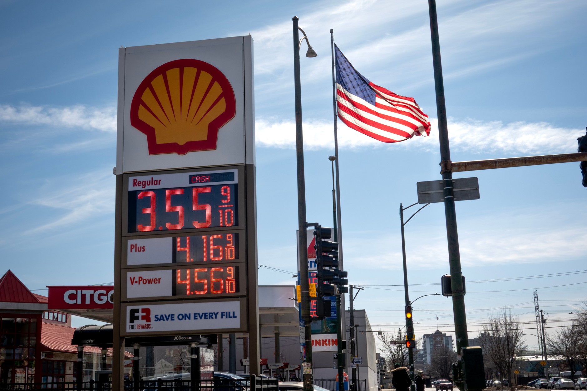 Gas price sign at a gas station in Chicago, Illinois, March 2, 2026.
