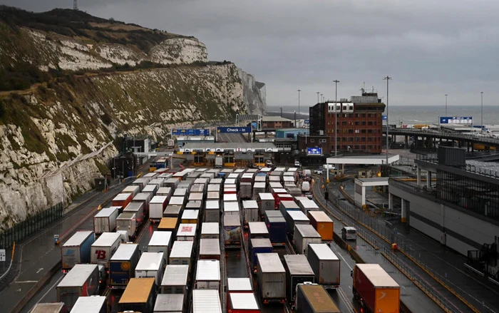 Trucks full of goods lined up at customs