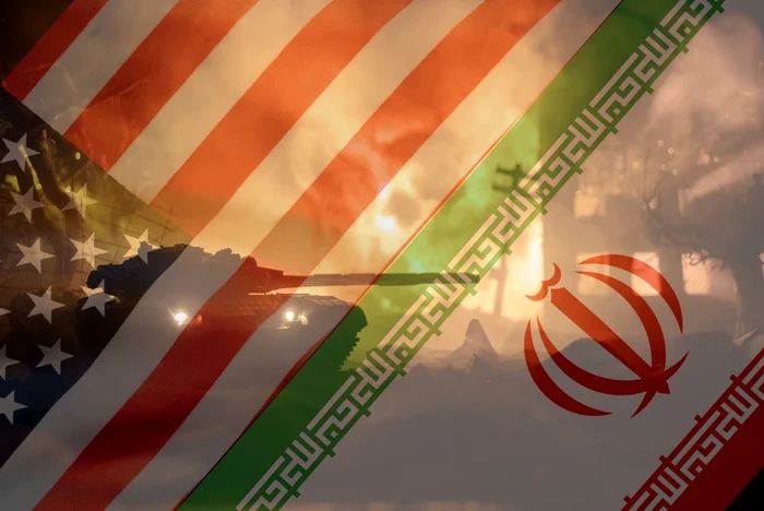 war sua iran flags on the background of a battlefield PHOTO shutterstock jpg