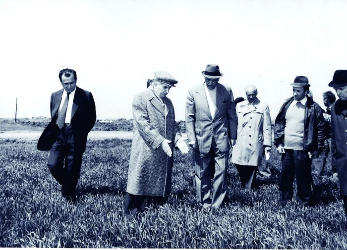 Iliescu (on the left), accompanying Ceaușescu on a visit to the field