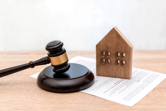 A judge's gavel next to a will and the stylized image of a house
