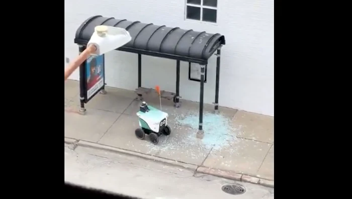 The robot went through the window of the station. Photo: CBS News Chicago